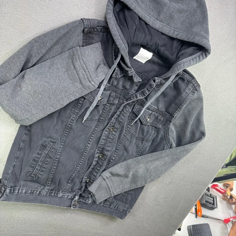 Holton Canvas & Cloth‎ Jacket Men M Grey Denim Fleece Hood Knit Sleeve Shirt